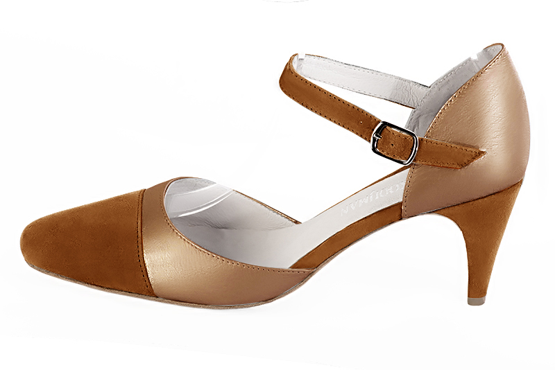 Caramel brown women's open side shoes, with an instep strap. Round toe. High slim heel. Profile view - Florence KOOIJMAN